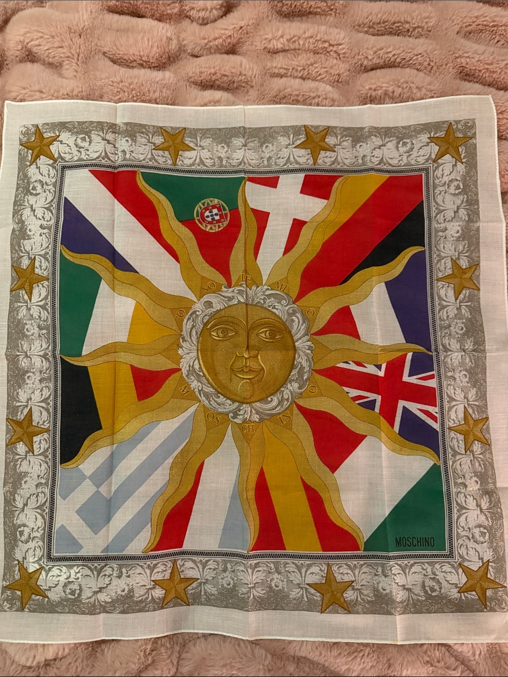 Moschino Gold Sun Flag Motif Wall Tapestry with Red, Green, Blue Accents